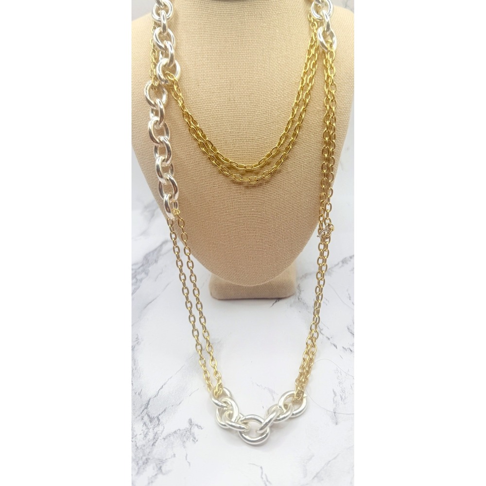Trifari Mixed‎ Metal Multi Strand Necklace Gold Silver Tone 36" Chunky Chain